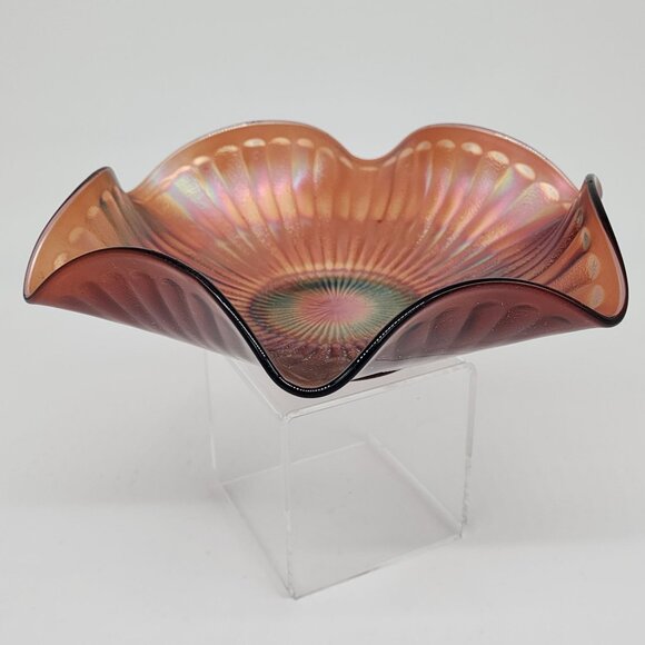 Vintage Carnival Glass Bowl Double Crimped Vertical Rays 9.5" Diameter - Picture 4 of 9